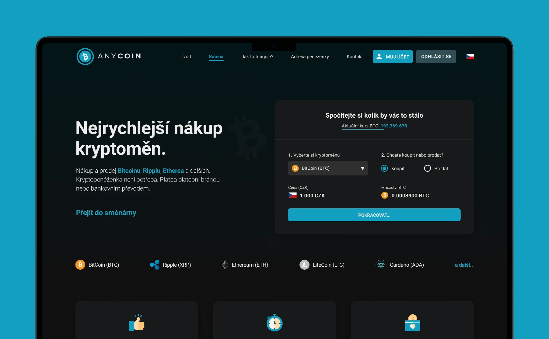 Grafický návrh webu pro Anycoin, největší českou kryptoměnovou směnárnu.
