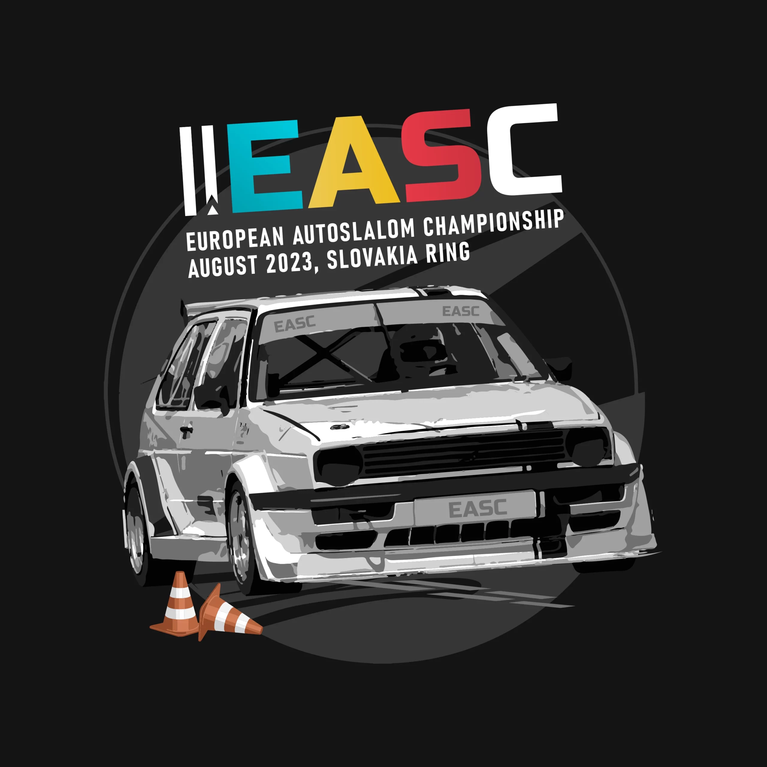 Motiv na tričko pro European Autoslalom Championship (EASC), zdůrazňující charakter akce.