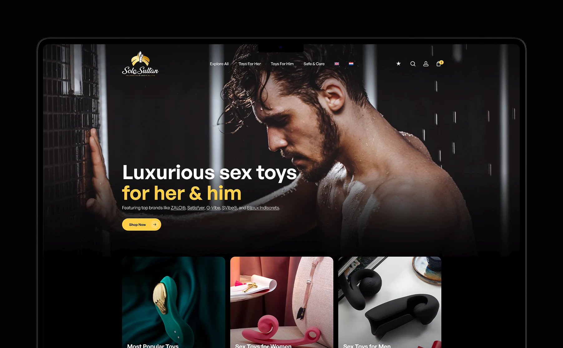 Webová stránka online sexshopu Solo Sultan, nabízející luxusní erotické hračky, s důrazem na atraktivní design a kvalitní produktové materiály.